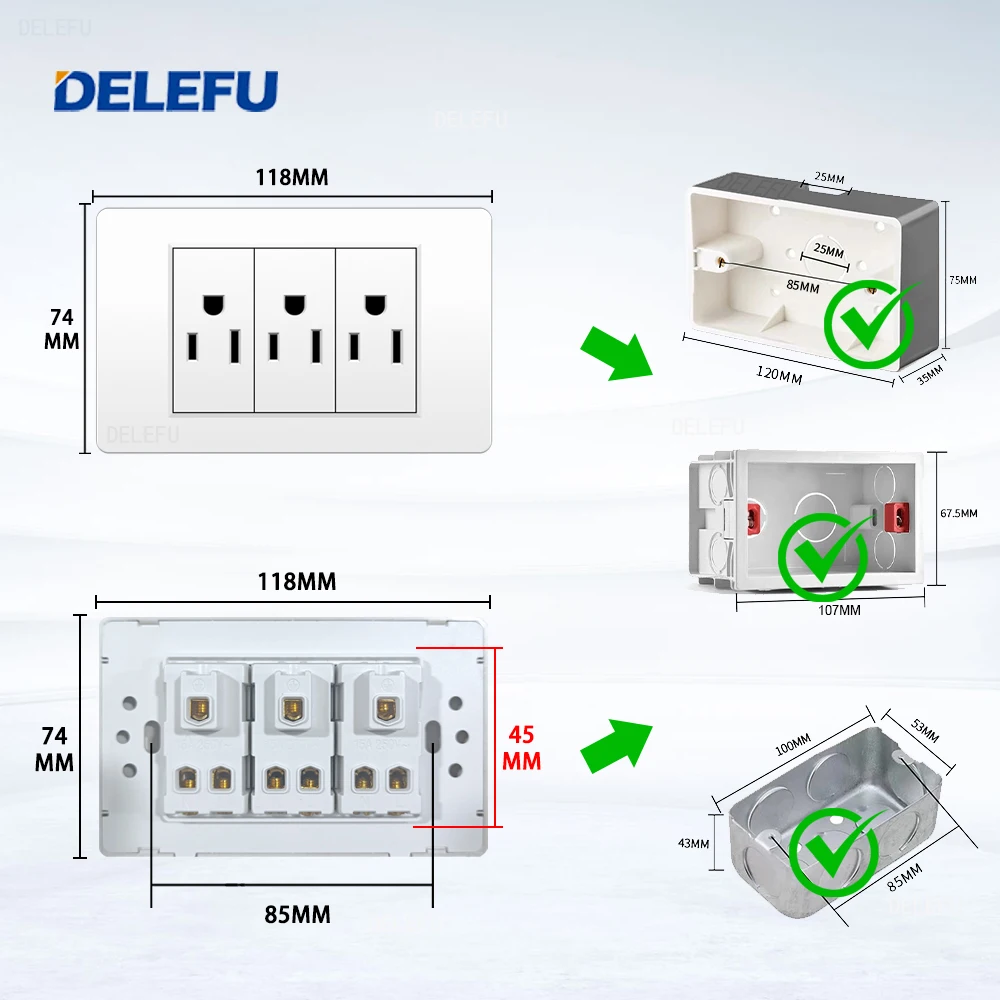 DELEFU White Flame Retardant PC Panel Mexico Standard Type C America Outlet Plug 118*72mm Wall Socket Light Switch Fast Charge