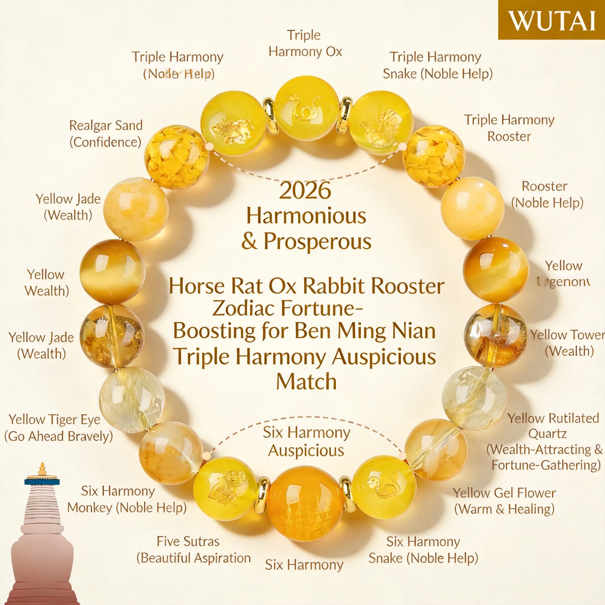 2026 Year Of The Horse Chinese Zodiac Sanhe Liuhe Natural Citrine Rutilated Quartz Beaded Bracelet Lucky Wealth Blessing Feng