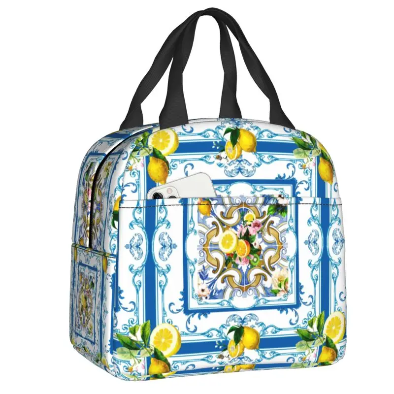 Lancheira isolada para mulheres, Refrigerador térmico reutilizável, Recipiente De Alimento Para Piquenique, Sacolas, Telhas De Limões De Frutas Do Mediterrâneo