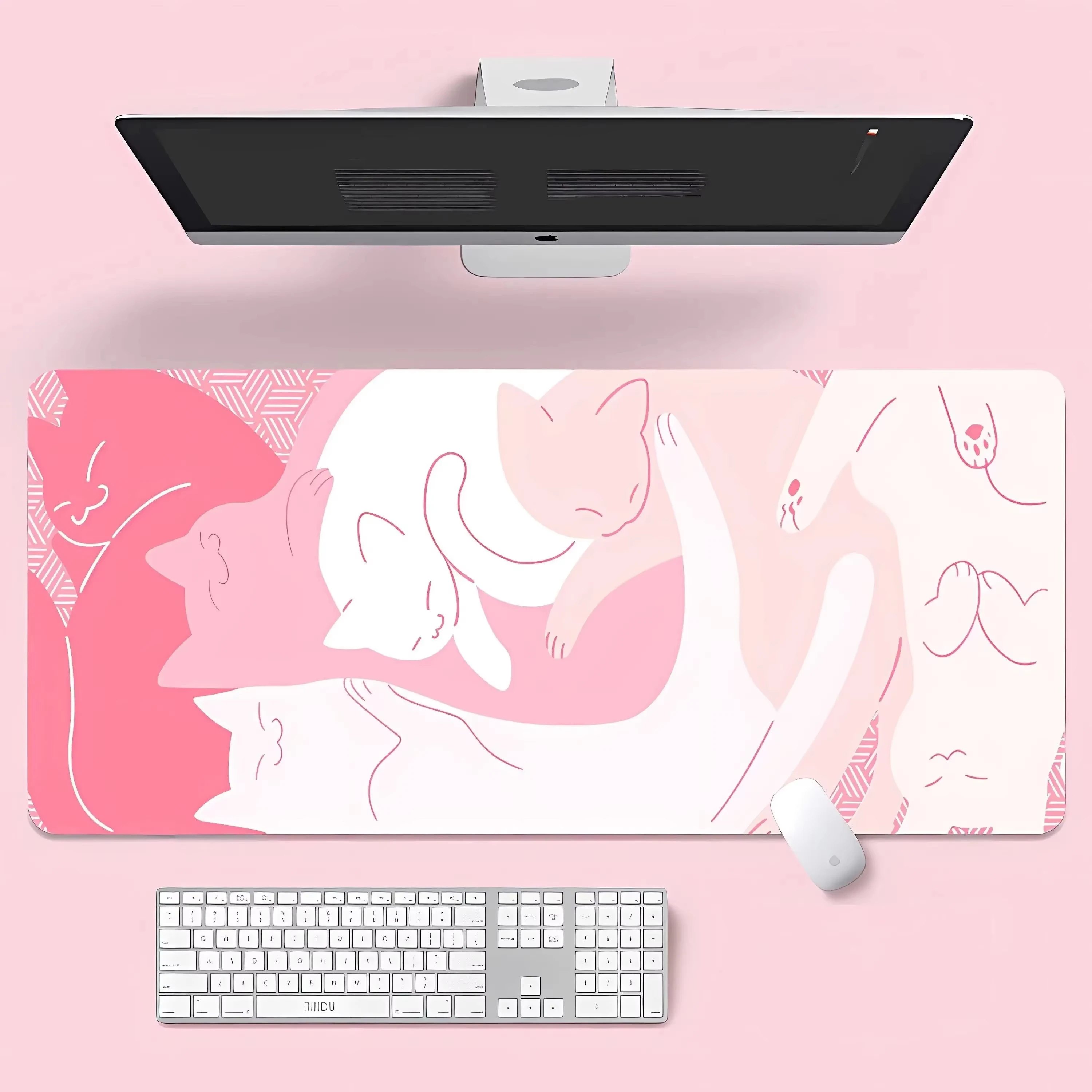 VIKAMA Pink Ins Cartoon Cat XXL Large Desk Pad Non Slip Rubber Gaming Mousepad Office Household Keyboard Table Decor Mat