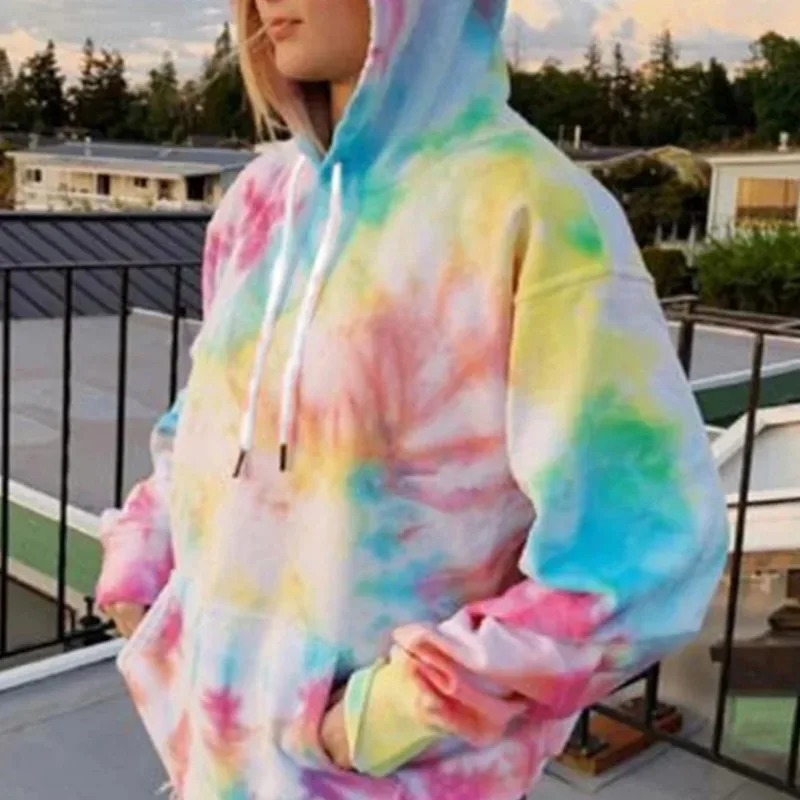 Tęczowa bluza damska bluza Oversize Tie Dye Streetwear sweter wiosenno-jesienne casualowe bluzy damskie bluzy z kapturem