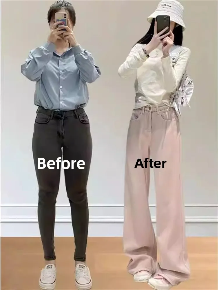 ピンクストレートレッグジーンズ レディース 夏 薄手 ワイドウエスト アイスシルク ワイドレッグパンツ ハイウエスト ルーズフィット 無地 ボタン留め