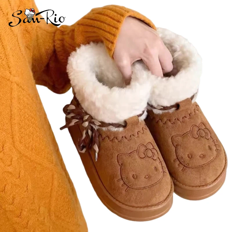 Hello Kitty Snow Boot Women's Short Tube Thickened Cotton Shoes Non-Slip Boots Winter Girl Plush Snow Booties Keep Warm Sneaker