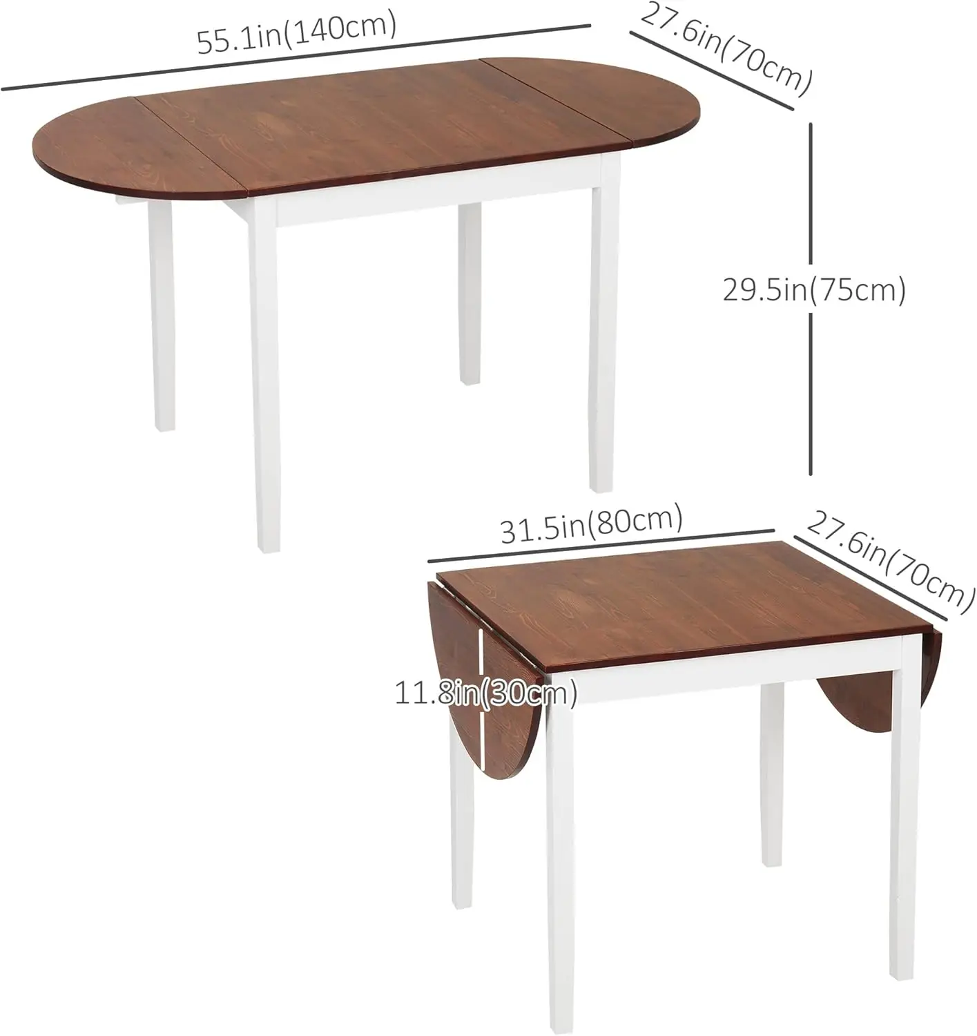 55' Solid Wood Kitchen Table for 4-6 People, Oval Drop Leaf Tables for Small Spaces, Folding Dining Table, Brown