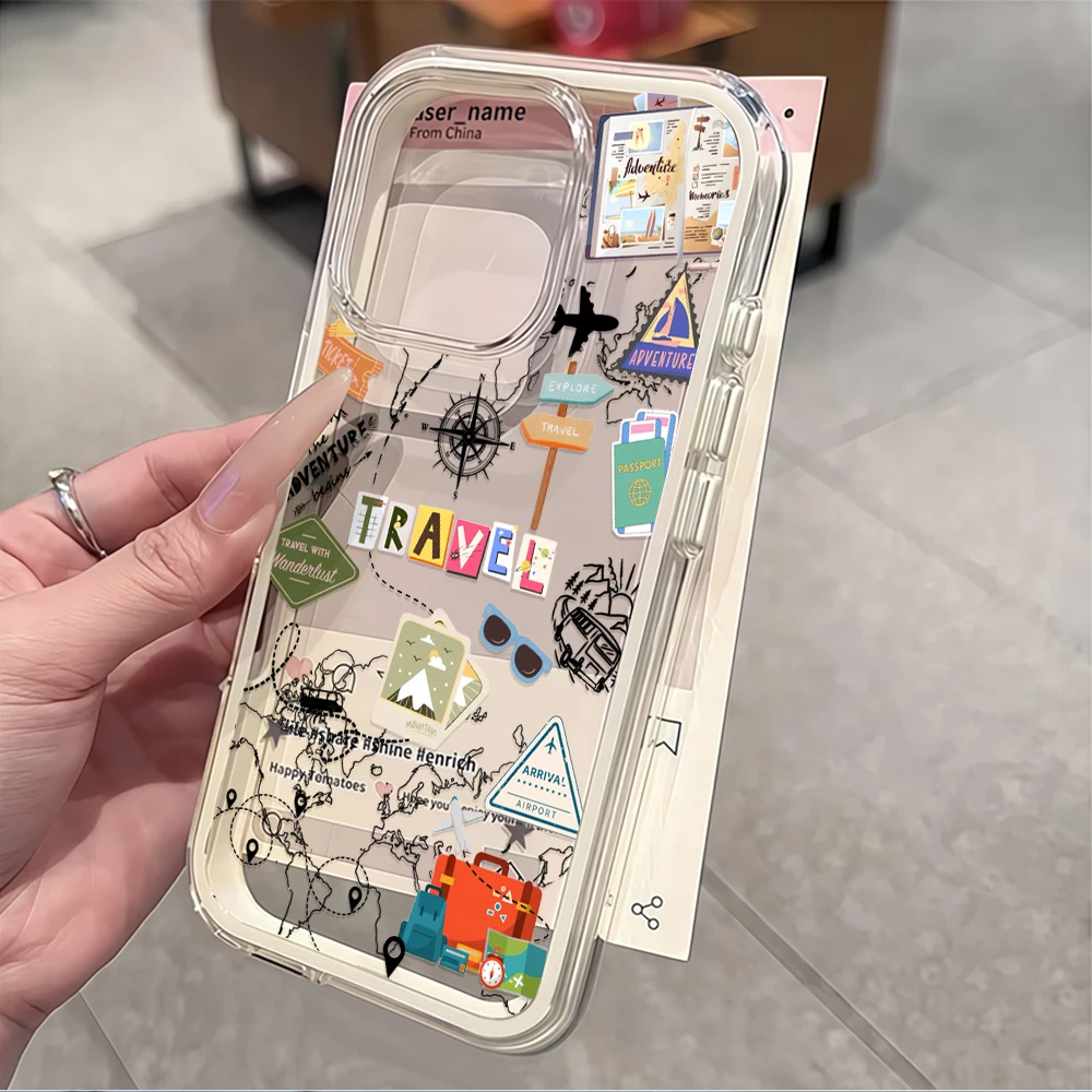 Reise-Abenteuer-Aufkleber-Druck Handyhülle für iPhone 16 14 15 Plus 12 13 14 15 11 17 16 Pro Max Air X XS Transparente Weiche Hülle – Detail 5