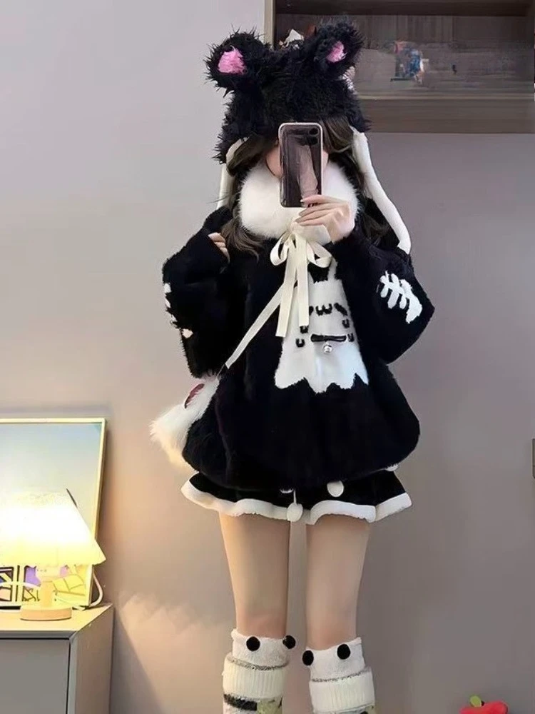 Pull en tricot noir de Style doux japonais pour femme, ample, col rond, gothique, Vintage, Y2k, mode automne hiver, hauts amples