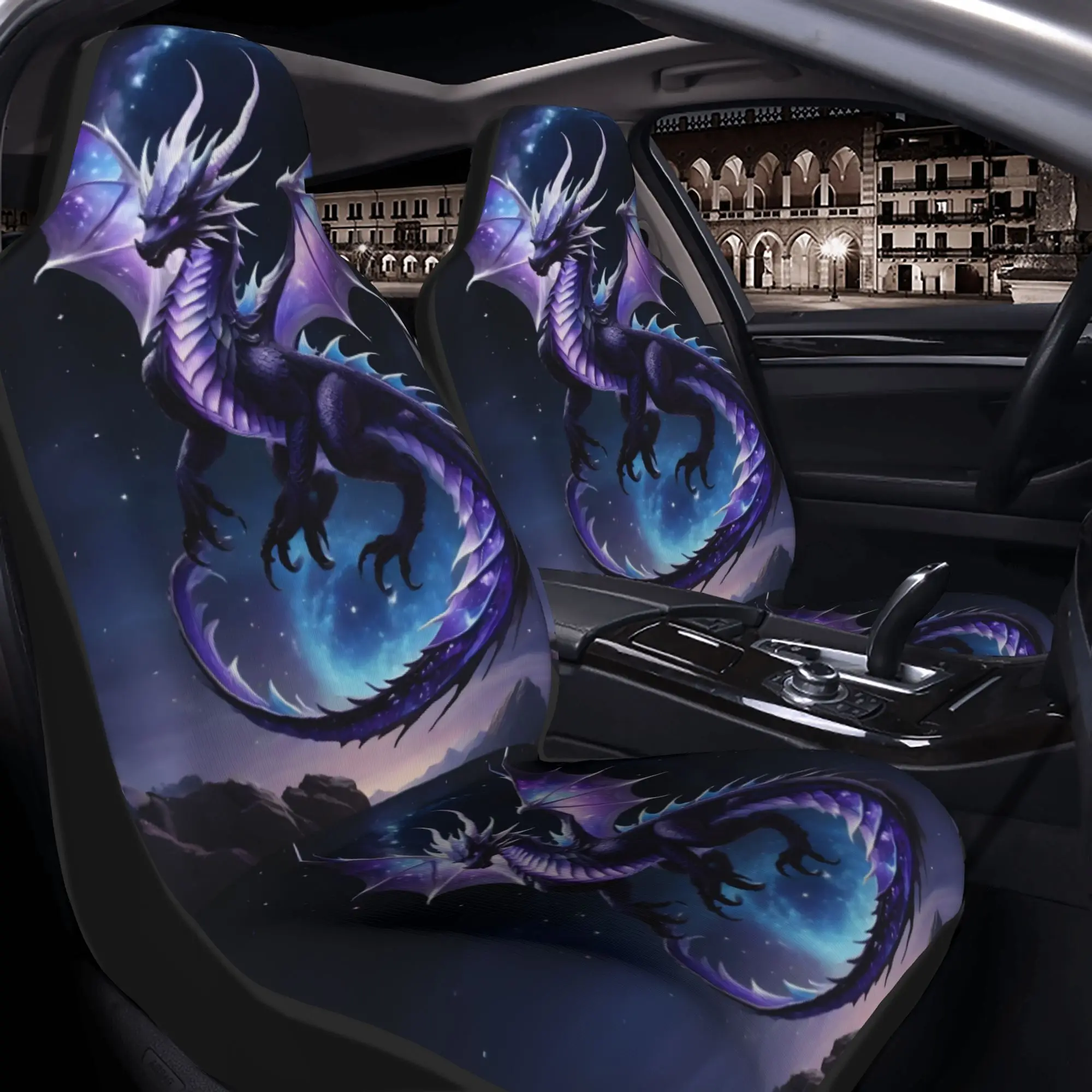 2pcs Starry Dragon Fantasy Printed Car Seat Covers Unisex Front Seat Protectors For Cars, SUVs, Trucks Sedans, Washable Bucket