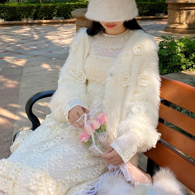 

Вязаный кардиган FlowerSong с длинными рукавами и V-образным вырезом из норкового бархата, однотонный, для повседневной носки, с 3D-цветочным дизайном, женский