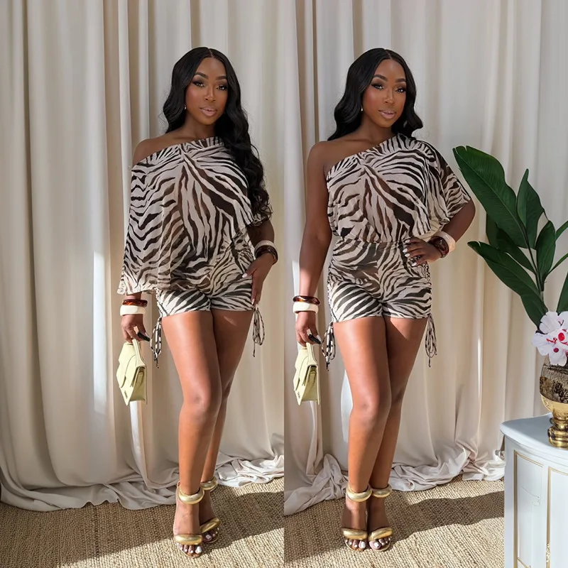 Leosoxs Women's Zebra Print Semi-Sheer Cropped Top and Ruched Shorts Two-Piece Outfit