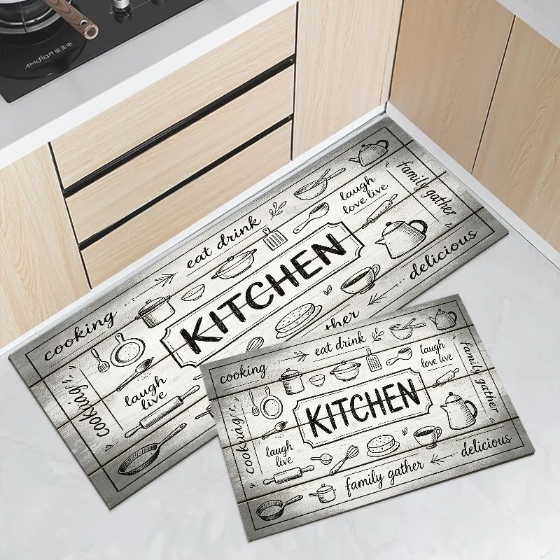 VIKAMA Grey Wood Kitchen Sketch Runner Mat Waterproof Oilproof Non Slip Anti Fatigue Farmhouse Long Kitchen Floor Mat