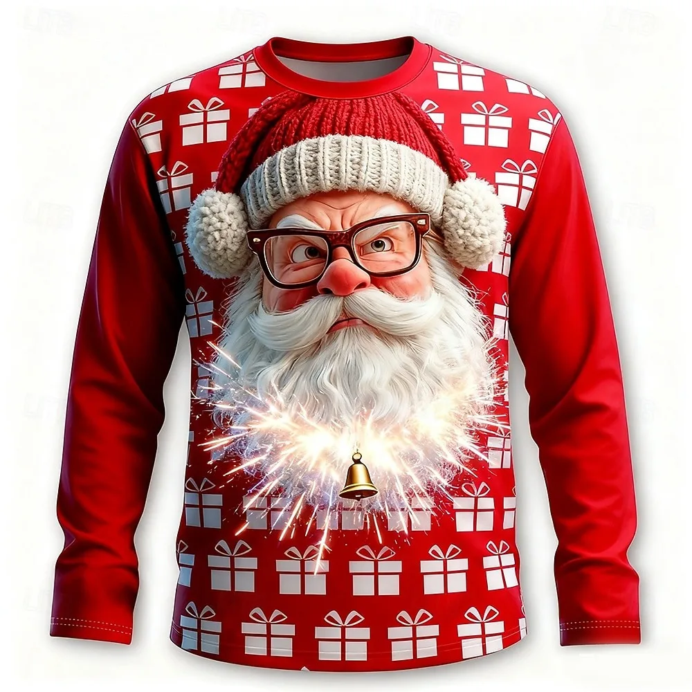

Autumn and Winter Santa Claus Men Long Sleeved T-shirt Fashionable Street Casual Round Neck Shirt Holiday Party Men Long Sleeved