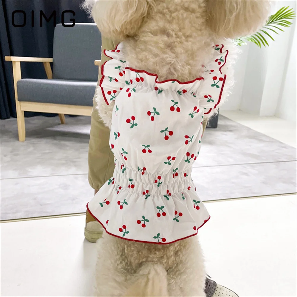 

OIMG Ins Flying Sleeve Skirt Dog Clothes Cherry Print Pet Dress Summer Thin Small Dogs Tank Top Bichon Pomeranian Teddy Clothing