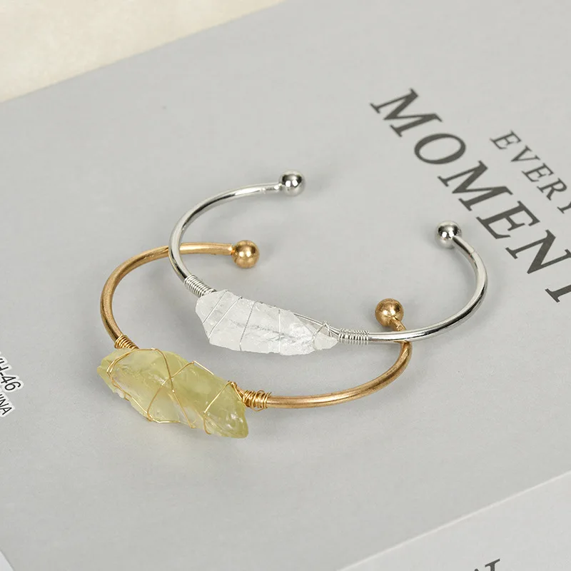 Irregular Natural Stone Cuff Bracelet Women Gold Color Wire Wrap Irregular Raw Crystal Quartz Bangles Fashion Stone Jewelry Gift