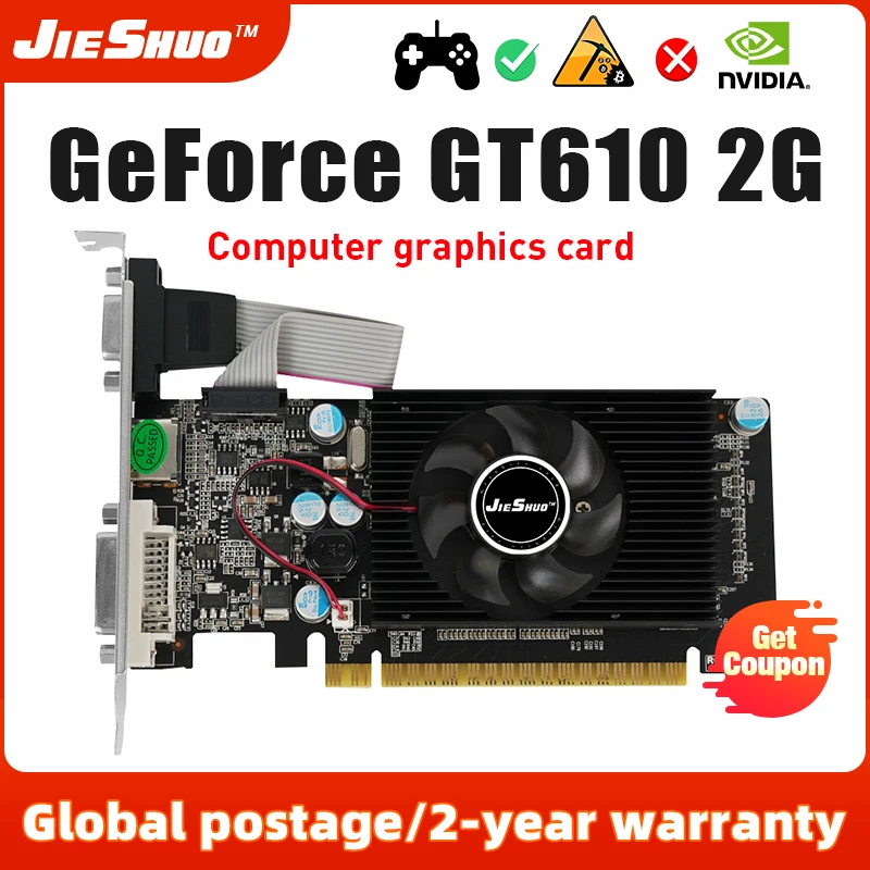 

JIESHUO NVIDIA GeForce GT 610 2 Гб, игровые графические карты, VGA высокое разрешение DVI, 64 бит, GDDR3, 610GT, графический процессор gt610