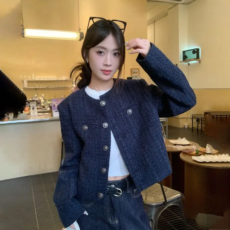 Navy Blue Short Style Small Fragrance Jacket Women's Single Row Retro New High-end Loose Long Sleeved Top