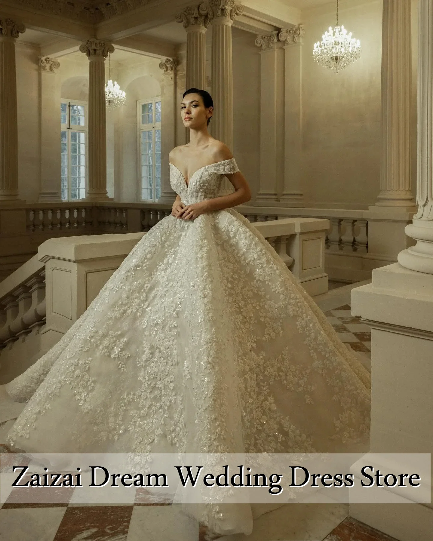 Customized Exquisite 3D Floral Lace Sequined Beaded Wedding Dress Off The Shoulder Ball Gown Wedding Gowns vestido de novia