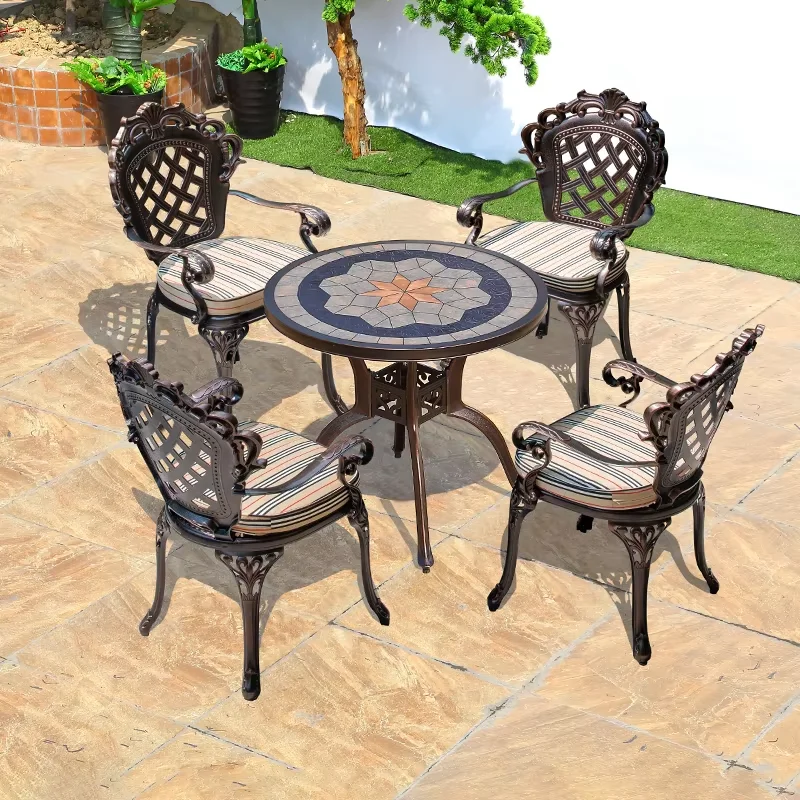 Outdoor Garden Cast Aluminum 80cm Tables for 2-4 Person Marble Tiles Design Dining Table Courtyard Rust-Resistant Leisure Table