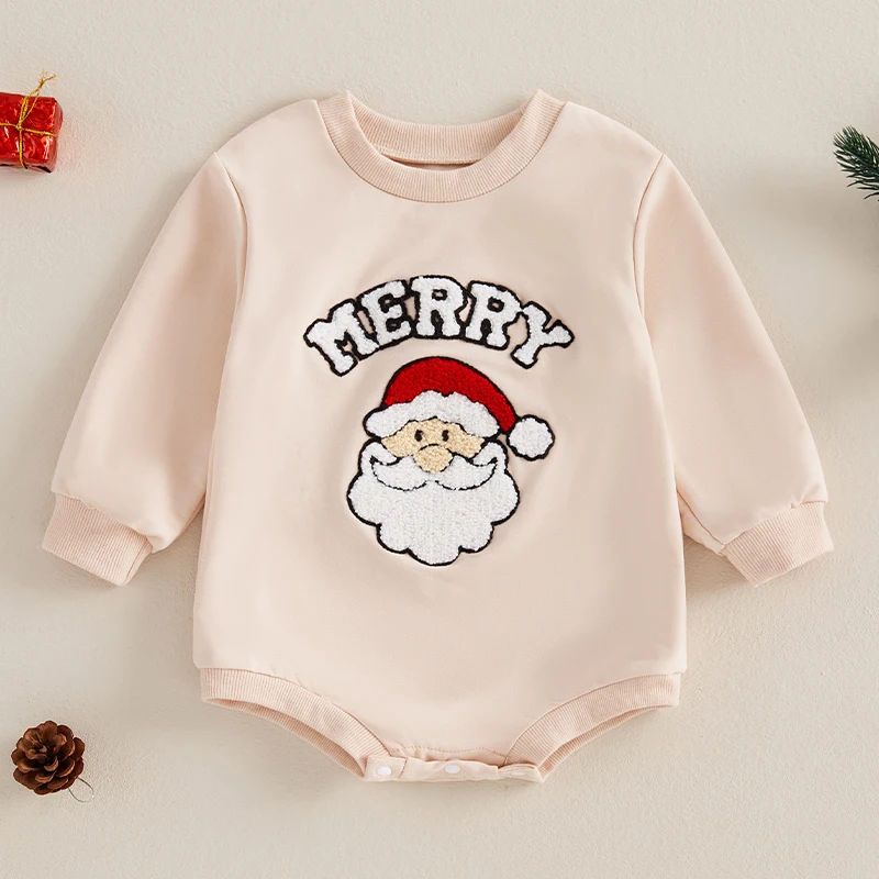 

Suefunskry Baby Girls Boys Christmas Jumpsuit Fall Long Sleeve Crewneck Letter Santa Claus Fuzzy Print Sweatshirt Romper