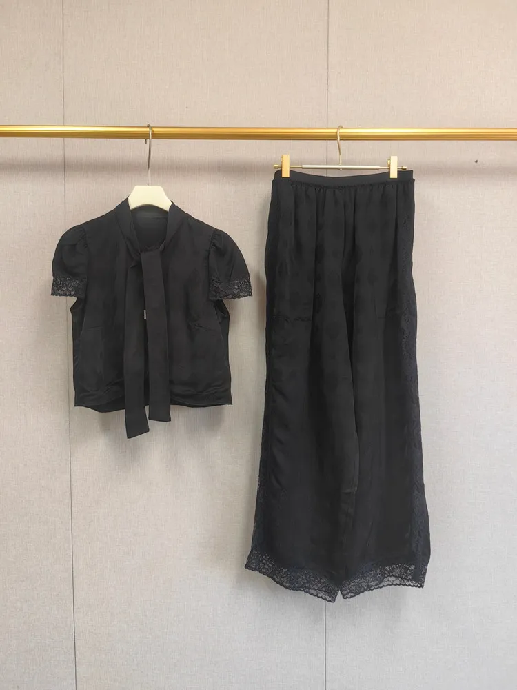 2026 New Female Tie Up Collar Single-Breasted Short Top Women Black Jacquard Elastic Waist Wide Leg Pants or Lace Spliced Shirt