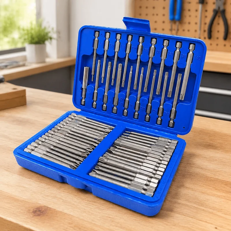 Comprehensive 50-Piece Screwdriver Set with 75mm Safety Bits, Including Hex and Torx Attachments, Complete Toolkit