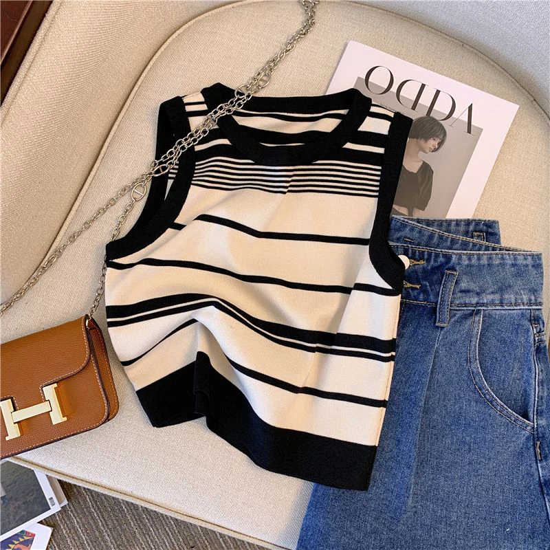 Summer Ice Silk Women Camis Korean Retro Striped Sleeveless Knitted Vest Harajuku Thin All Match Crop Tank Female