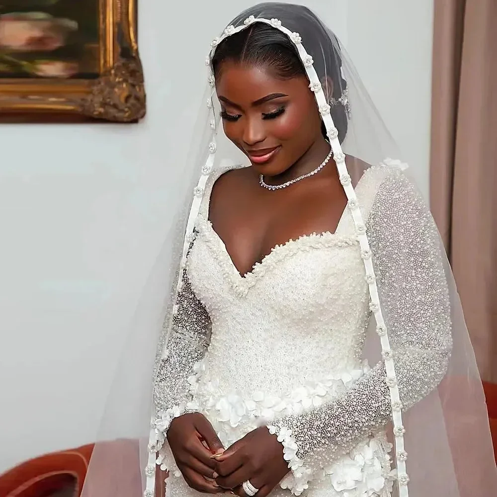 Customized Sweetheart Shinny Pearls Beads Wedding Dress For Bride  Robe De Mariee  Africa  Mermaid Full Sleeves Bridal Gown