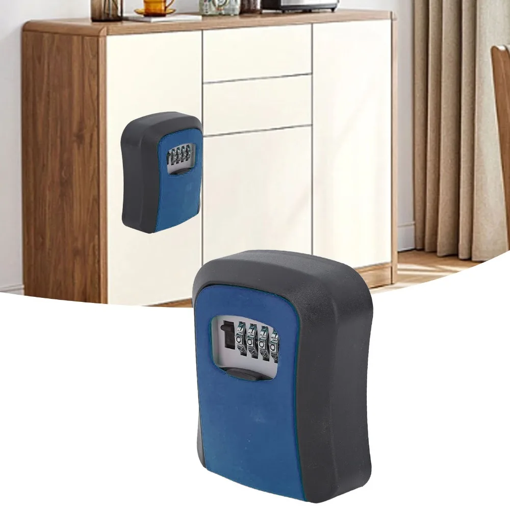Portable Wall Mounted Key Lock Box Dust Cover 4-Digit Password Combination Lockbox Blue Key Safe Storage Lock Box Apartment