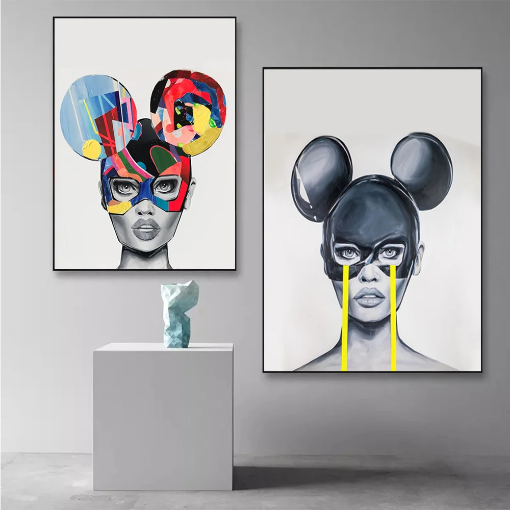 

Black and White Woman Canvas Painting,Colorful Graffiti,Mouse,Masks,Wall Art,Abstract Posters and Prints,Living Room Decoration