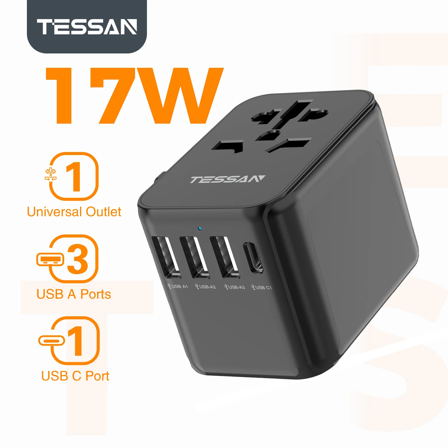 TESSAN 28W universele reisadapter met 4/5 USB-poorten 5V/3A Type C wereldwijde voedingsadapter 17W reislader voor EU/UK/US/AUS