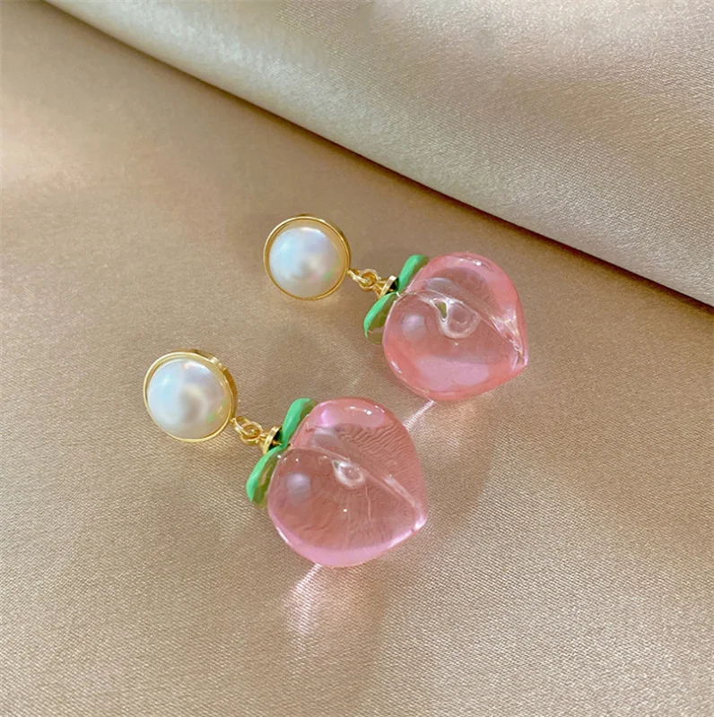 Delicate Simulated Pearl Peach Shaped Earrings for Women Temperament Pink Peach Cherry Drop Earring Girls Daily Jewelry Gift