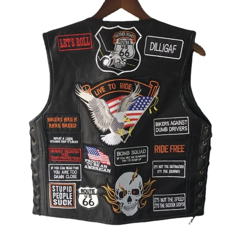 American Motorcycle Riding Waistcoat Leather Vest Men\'s Leather Vest Single Breasted V-neck Embroidered Badge Multi-style Clip