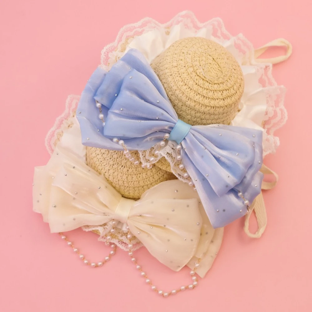 Sombrero de paja ajustable para gatos y perros pequeños con lazo perlas