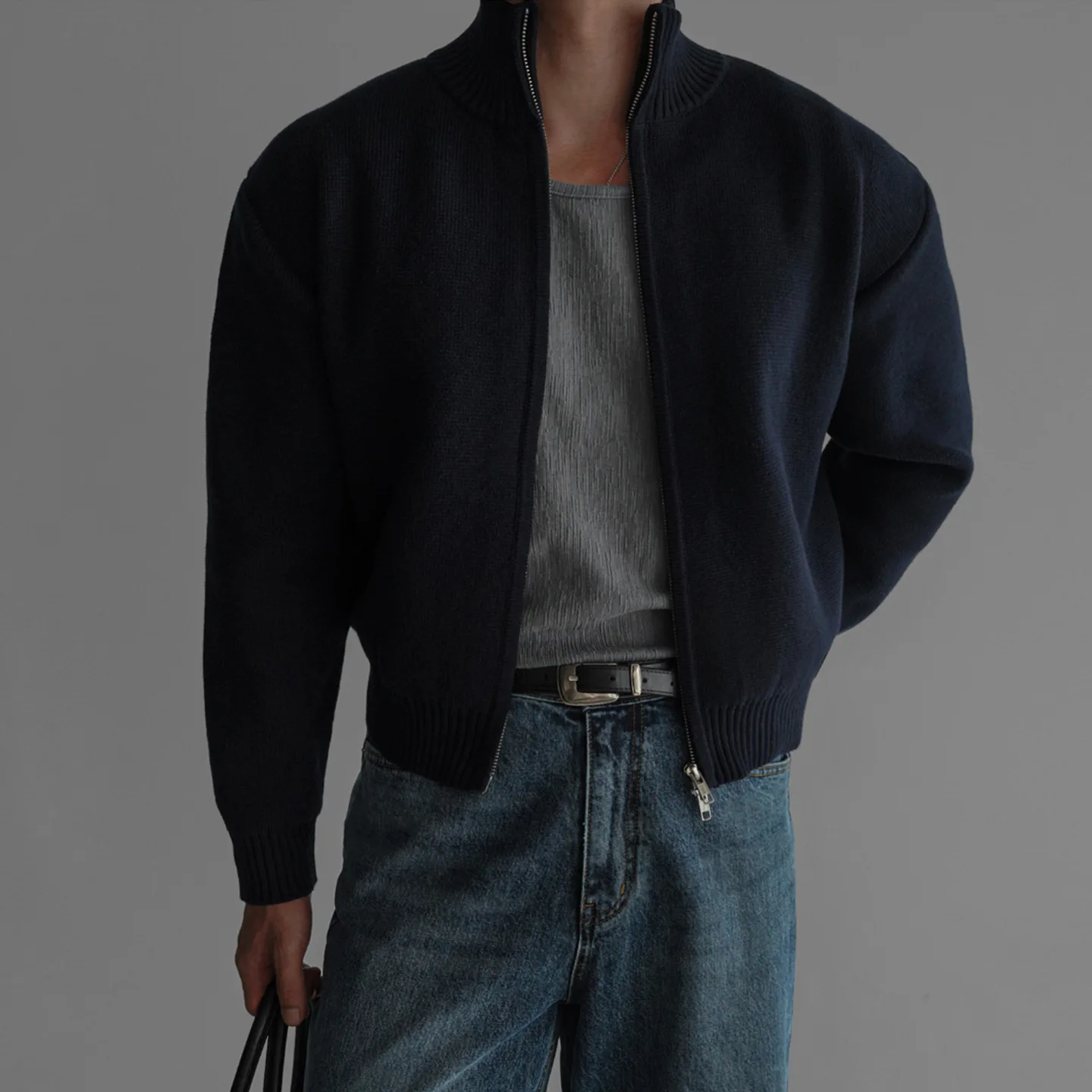 High Quality Men's Casual Knit Sweater Dual Zipper Japanese Retro Style Loose Fit Yarn Cardigan Solid Color Simple Basic Coats
