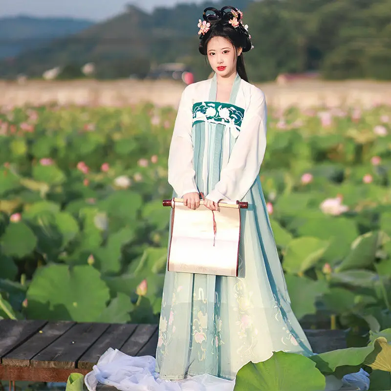 Chinese Style Hanfu Dress Set Women Vintage Tang Dynasty Fairy Dance Stage Costumes Female Sweet Floral Print Princess Outfits