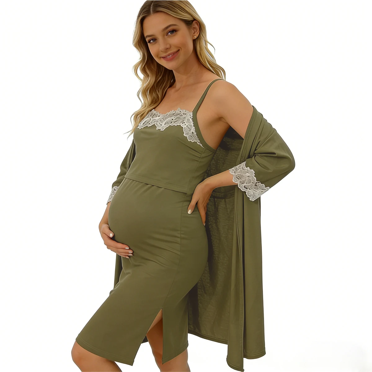 2-個授乳ナイトウェアセット妊婦産後授乳スリングドレス-ローブホームウェア妊娠パジャマ寝間着