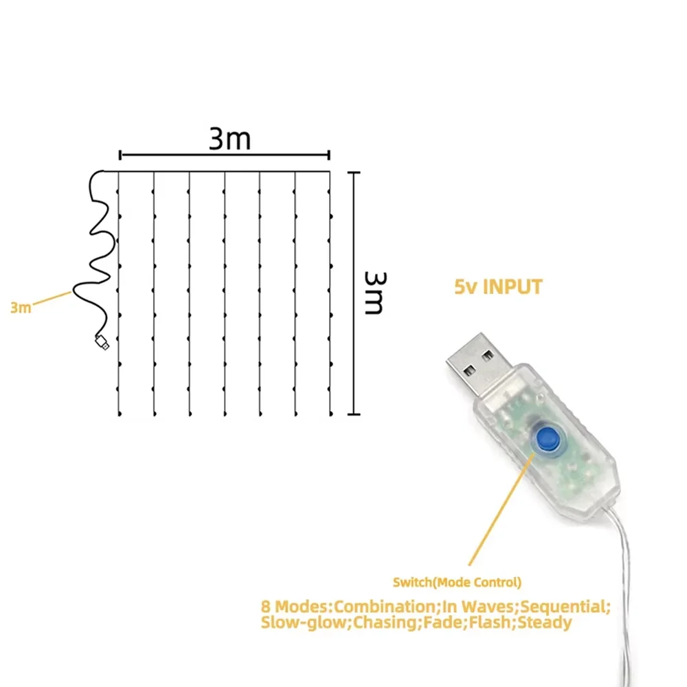 Fairy Curtain Lights USB Plug in 8 Modes String Hanging Lights with Remote for Christmas Bedroom Indoor Outdoor Weddings Party
