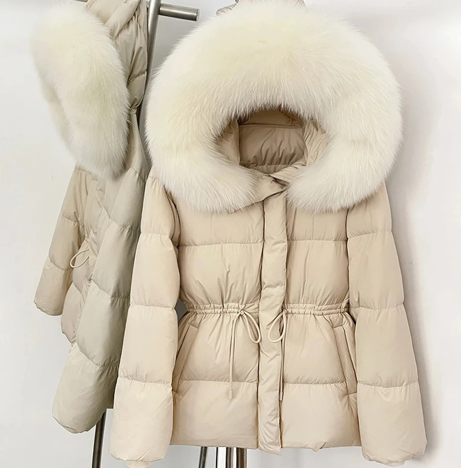 

Women Puffer Jacket Hooded Long Sleeves Real Fur Duck Down Outerwear Female New Real Fox Fur Coat Autumn Winter Warm