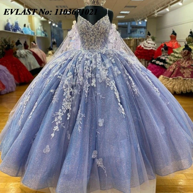 Evlast Glanzend Blauw Quinceanera Jurk Baljurk Witte Bloemen Applique Kralen Met Cape Sweet 16 Vestidos De Xv 15 Anos Sq64