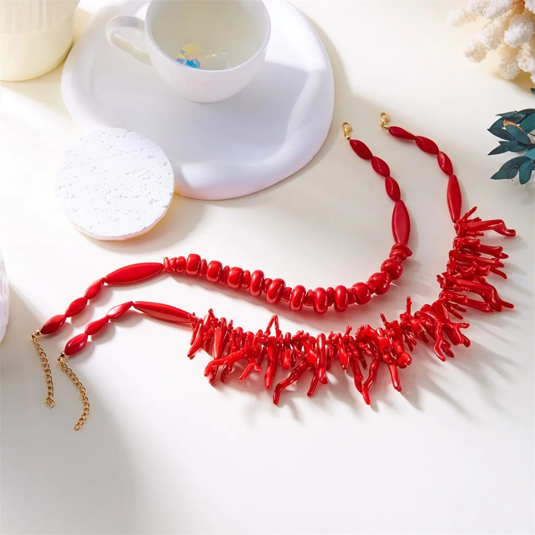 Pendant Necklace Stylish Exaggerated Bohemian Red Coral Irregular Geometric Two Piece Stainless Steel Necklace Accesorios Mujer