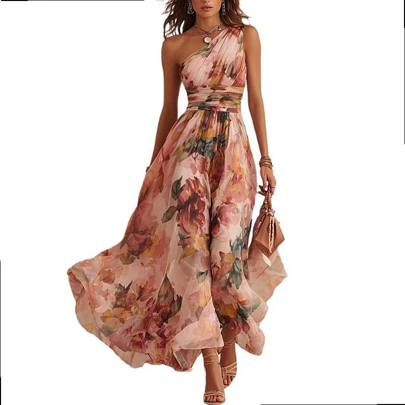 Fotografia 6: Vestido Feminino de Verão Elegante Sem Mangas com Ombro Assimétrico e Estampa, Macacão Primavera Verão
