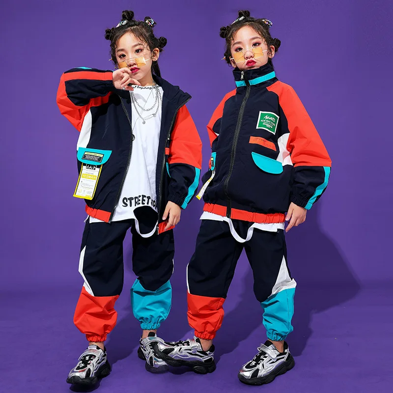 

Kid Kpop Hip Hop Clothing Color Block Zip up Windbreaker Jacket Casual Jogger Pants for Girl Boy Jazz Dance Costume Clothes Set