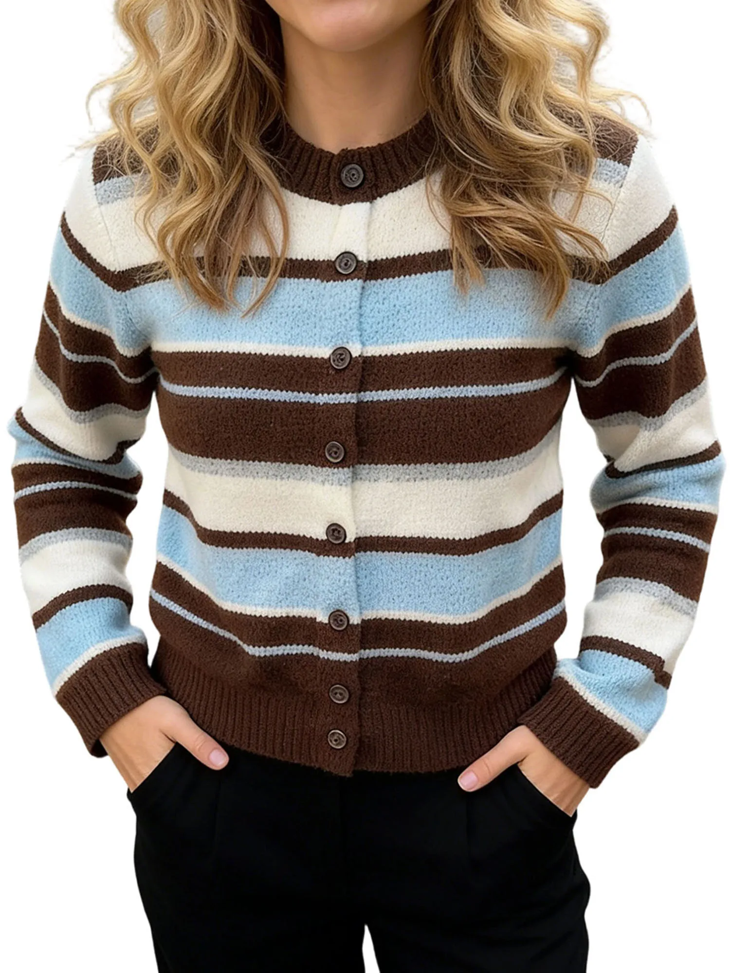 

Женский зимний вязаный свитер, кардиган, трикотаж на пуговицах с длинными рукавами и v-образным вырезом, карманами и ребристой отделкой