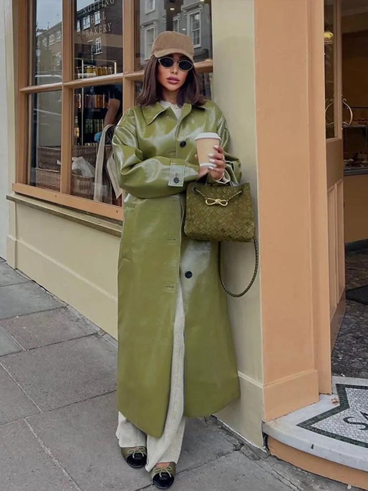 Chaqueta de cuero larga brillante para mujer, gabardina verde brillante, abrigo Vintage holgado, silueta, chaquetas de cuero PU, prendas de vestir adelgazantes