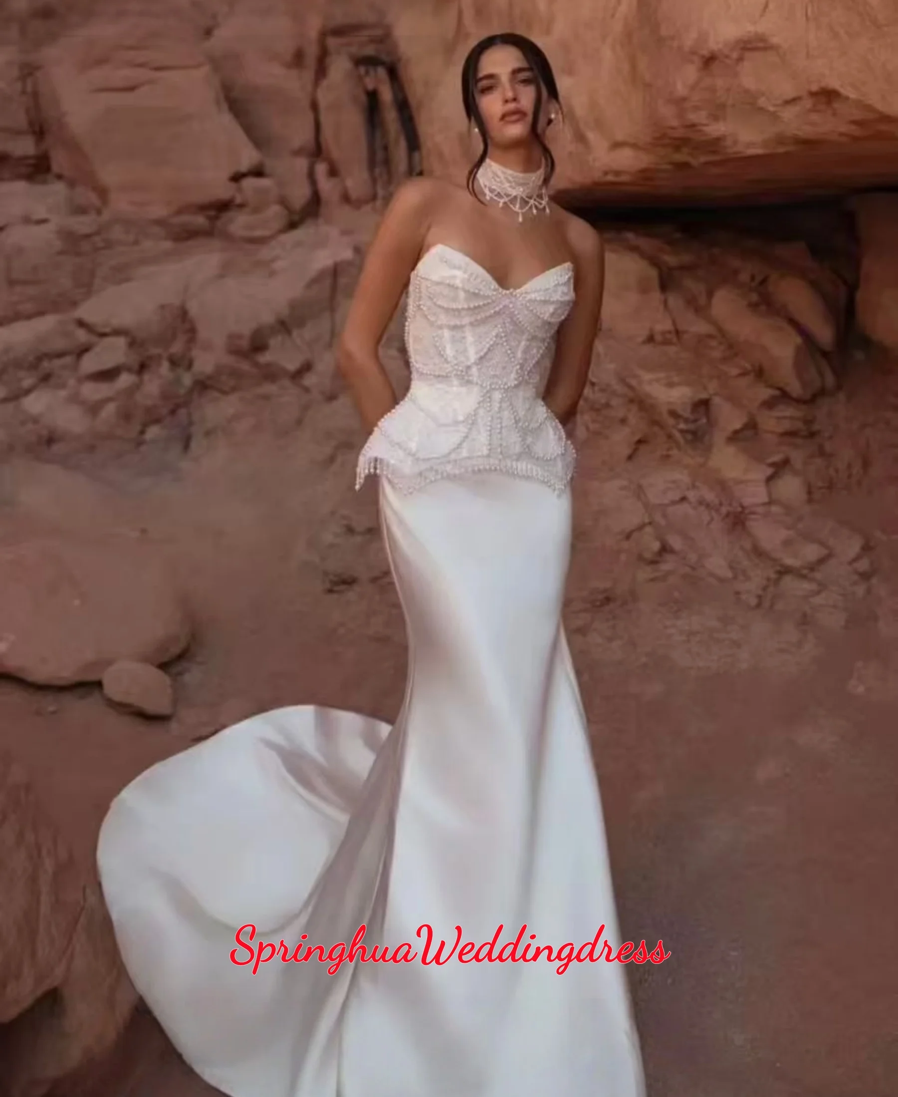 Customized Romantic Pearls Tassel Wedding Dress Flowy Satin Mermaid Corset Bridal Gown Sequined Destination Bride Wear Vestidos