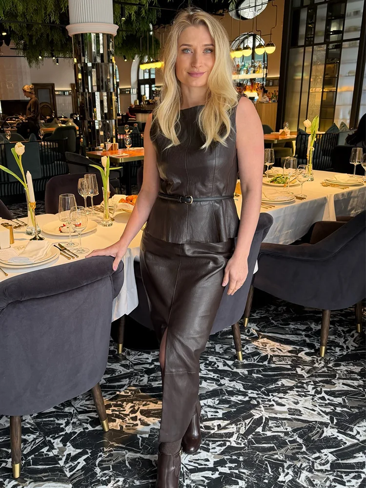 HH Woman Spring Fashion Retro Artificial Leather Skirt Style Sleeveless Tops+High Waist Elegant Belt Casual Hem Slit Long Skirt