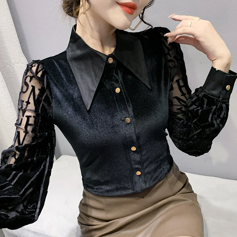 MadBlack elástica-Blusa de manga larga para mujer, camisa Sexy con cuello vuelto y botones, Tops de terciopelo ajustados, ropa europea de verano, T38430JM