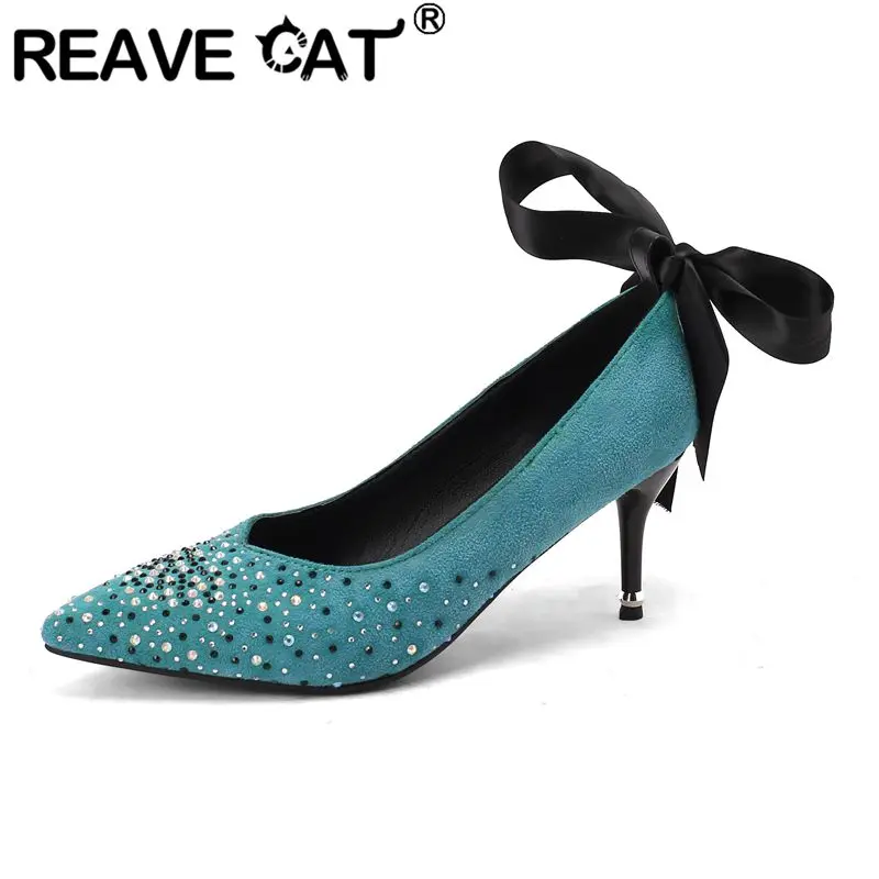 

REAVE CAT Сексуальные женские туфли-лодочки с острым носком на тонком каблуке без шнуровки с бантом и кристаллами, большие размеры 41, 42, 43, модная обувь для вечеринки и свадьбы