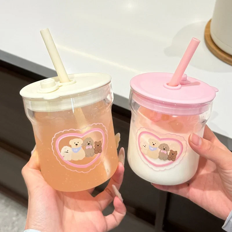 Cute Mini Glass Tumbler with Lid and Straw, Aesthetic Kawaii Glass Tumbler for Iced Coffee Milk Juice Smoothies Gift For Women