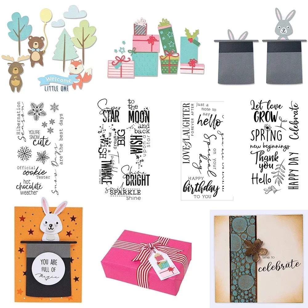 Niedliche Tiere, festliche Geschenke, magischer Hut, Stanzformen, Weihnachtsgrüße, Sentiments, Stempel für DIY Scrapbooking, Karten, Basteln