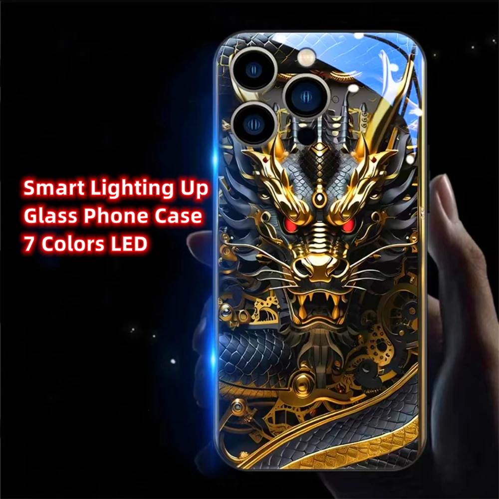 

Golden Mechanical Dragon Smart LED Light Glow Tempered Glass Phone Case For iPhone 15 14 13 12 11 Pro Max XR XS Plus 7 8 SE2020